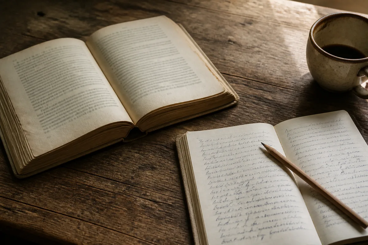 Édition ancienne posée à plat sur une table en bois, tranches usées, à côté d’un carnet ouvert