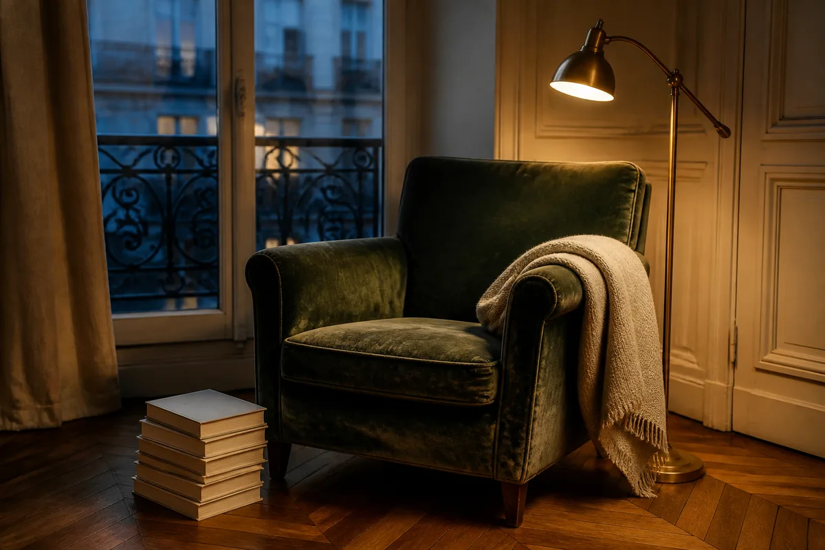 Coin de lecture avec fauteuil en velours, lampe allumée et pile de romans posée au sol