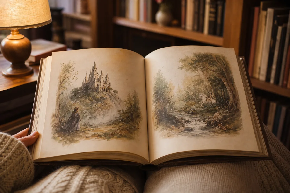 Livre de contes illustré ouvert sur les genoux, à la lumière d&rsquo;une lampe de chevet