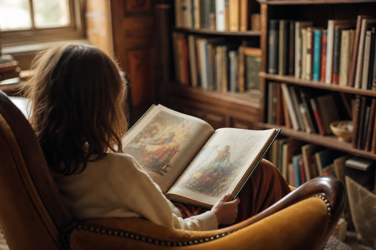Enfant assis dans un fauteuil, un gros livre de contes ouvert sur ses genoux