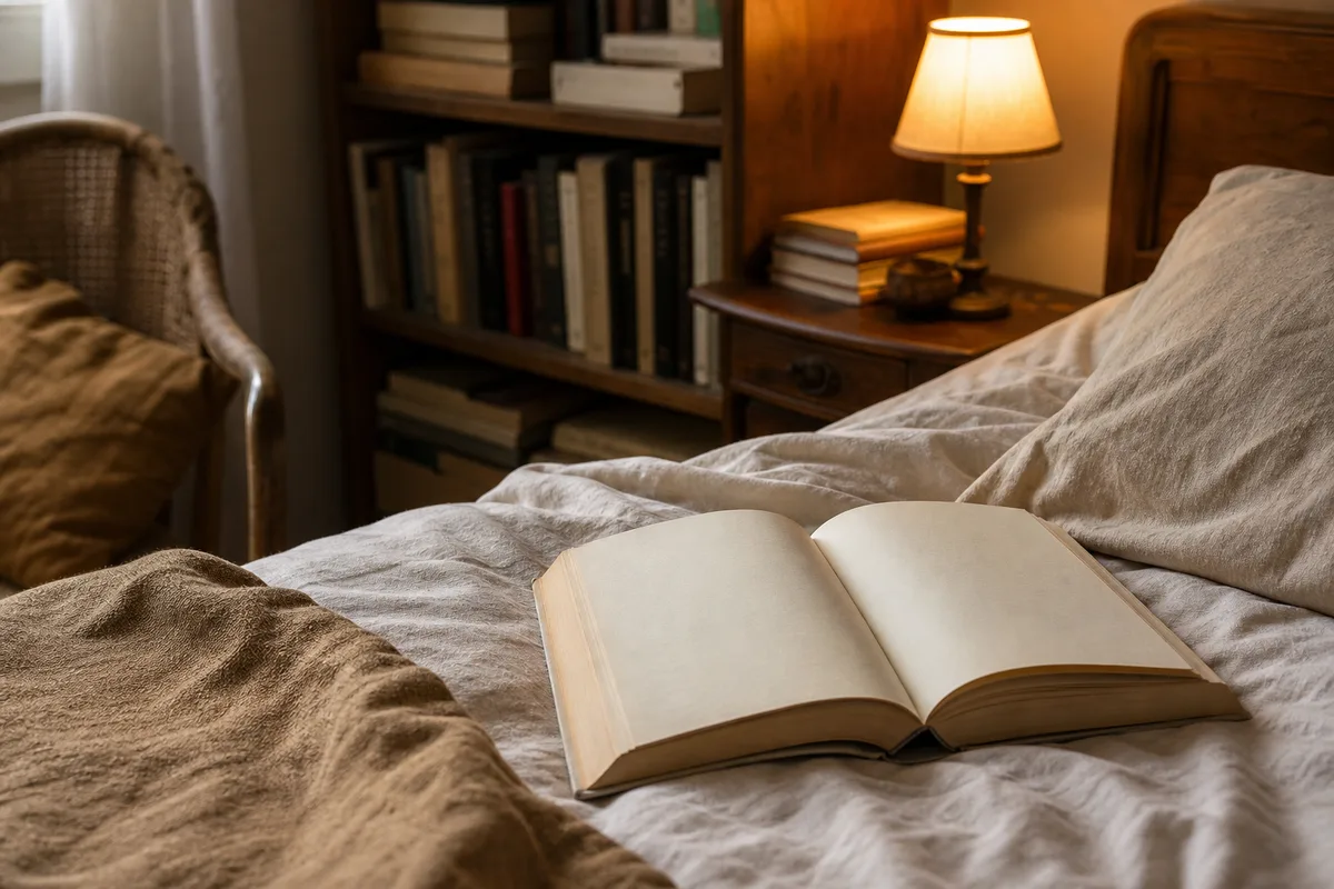Roman ouvert sur un lit défait avec une lampe de chevet allumée
