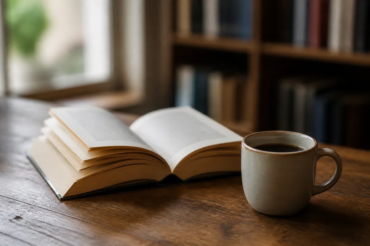 Livre de poche ouvert sur une table de bois avec une tasse de café à côté