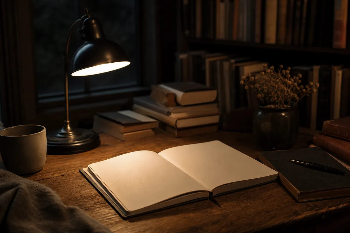 Bureau de bois éclairé par une lampe de nuit, carnet ouvert et fenêtre sombre