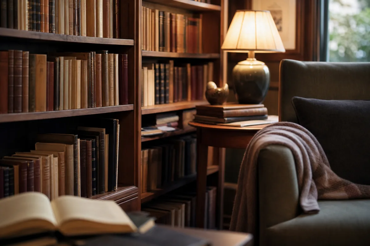 Rayonnages de bois chargés de livres dans une pièce éclairée par une fenêtre latérale