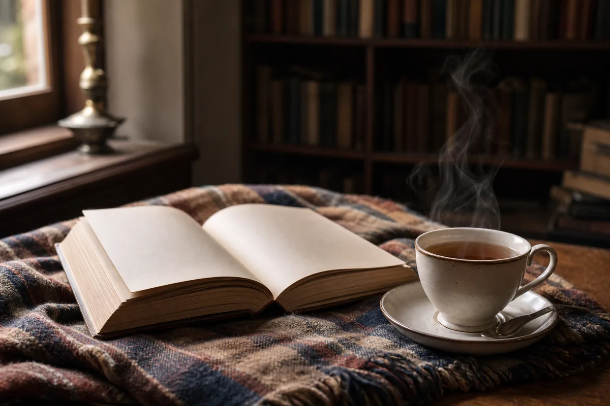 Roman ouvert posé sur un plaid, tasse de thé fumante à côté