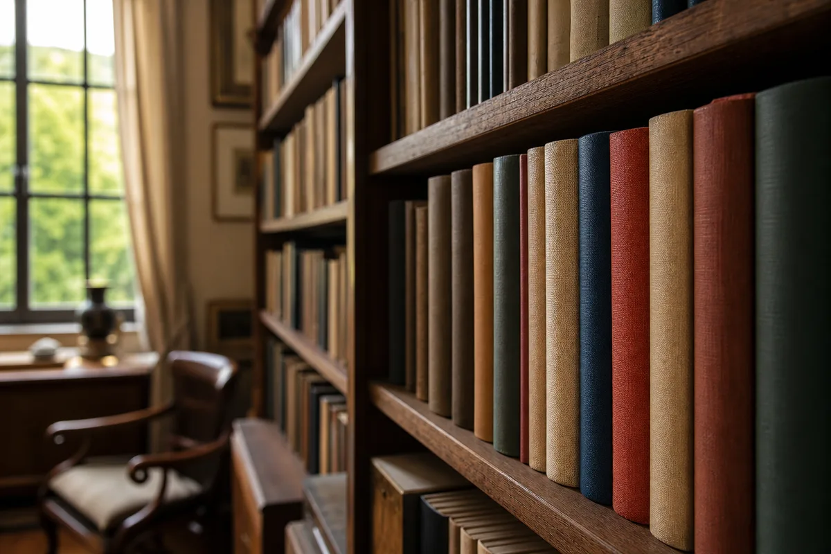 Étagère de bibliothèque avec des romans reliés en tissu et une fenêtre en arrière-plan