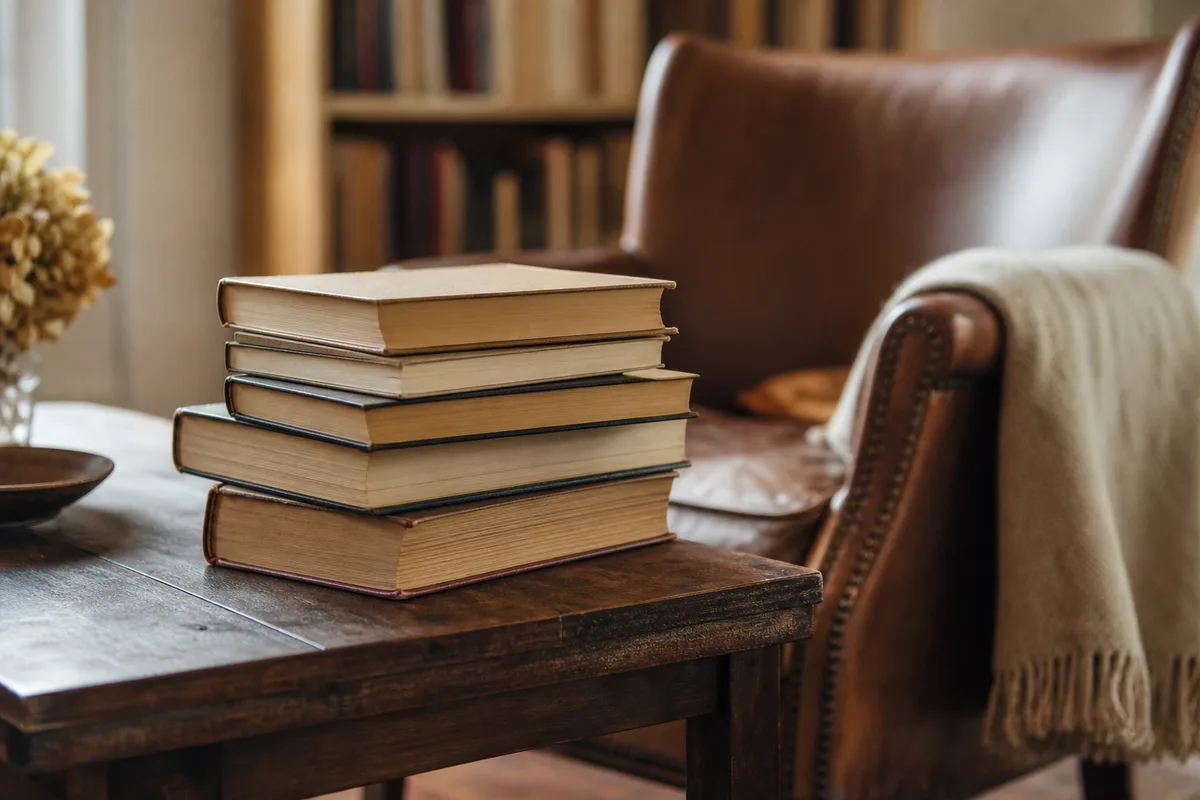 Pile de romans posés sur une table basse près d’un fauteuil de lecture