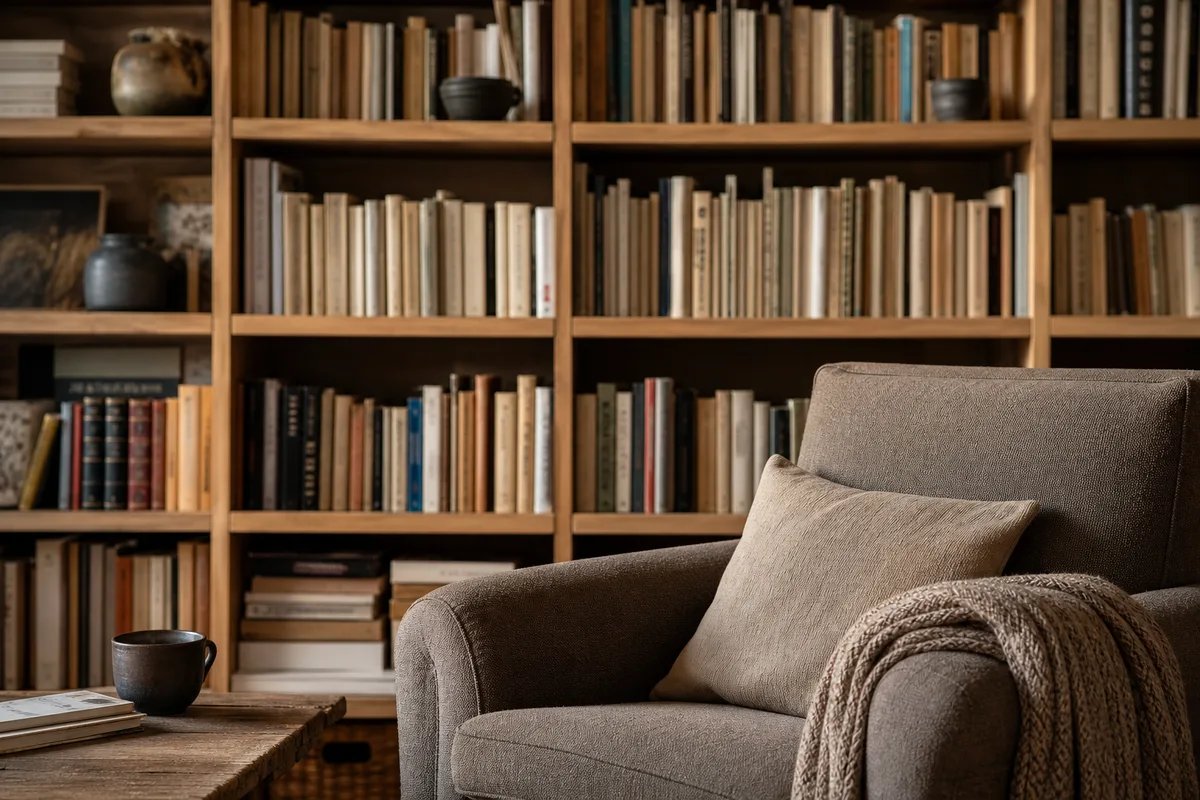 Rayonnage de bibliothèque avec des romans alignés et un fauteuil au premier plan
