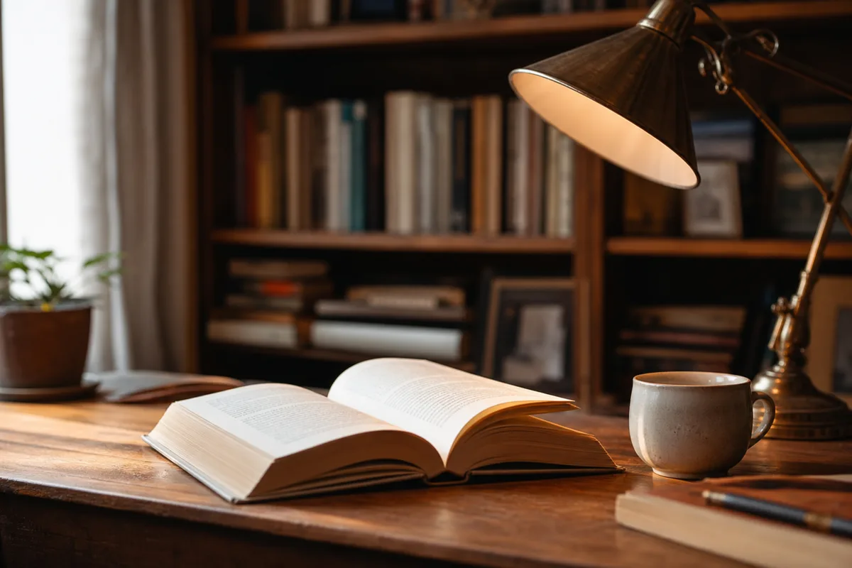Bureau de lecture avec un livre ouvert, une lampe et une tasse posée à côté