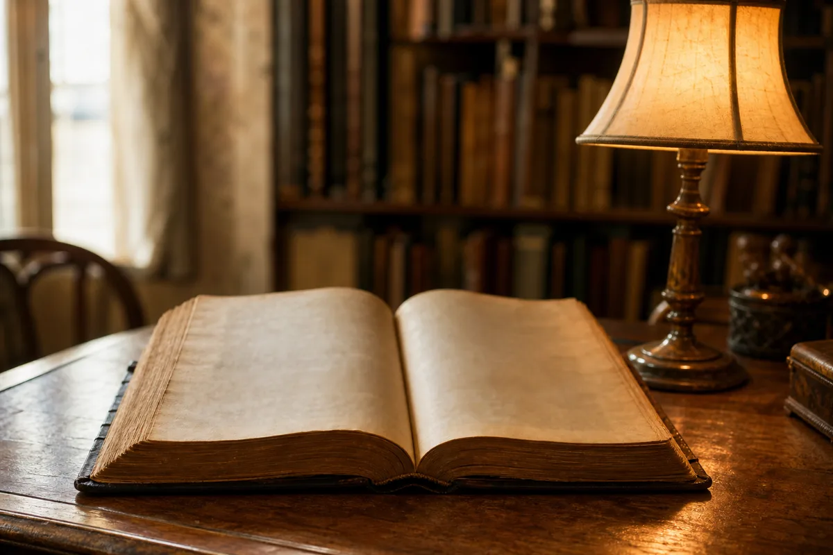 Livre ancien ouvert sur une table de bois près d’une lampe allumée
