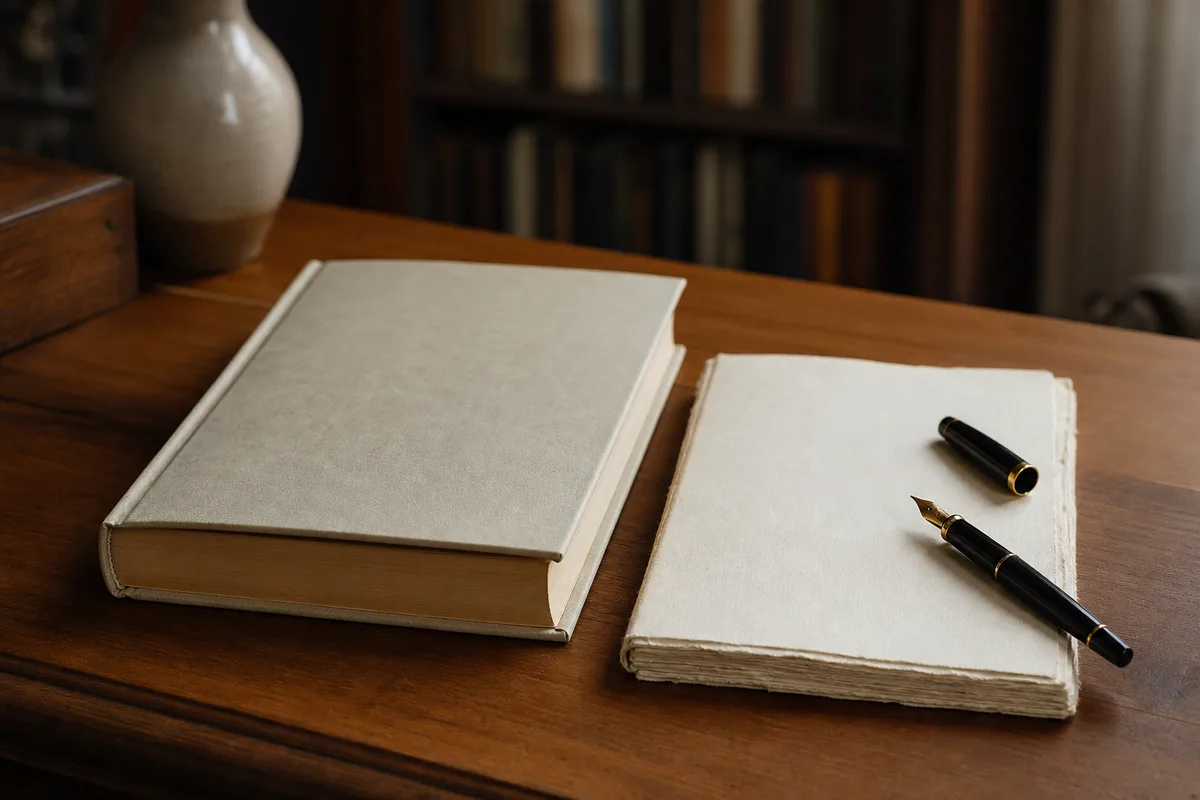 Recueil de poésie posé sur un bureau avec un carnet et un stylo à plume