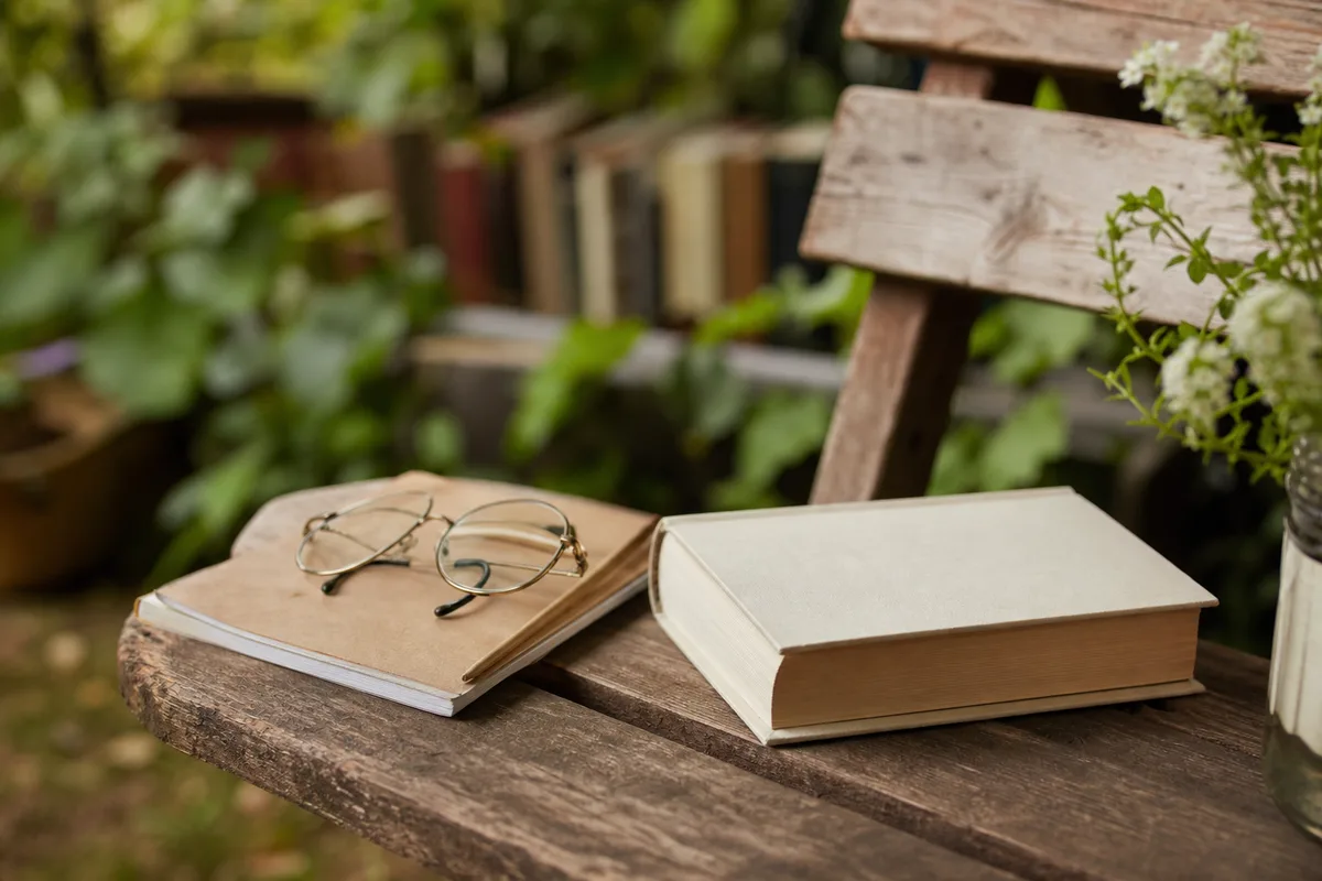 Roman posé sur un banc de jardin avec un carnet et une paire de lunettes